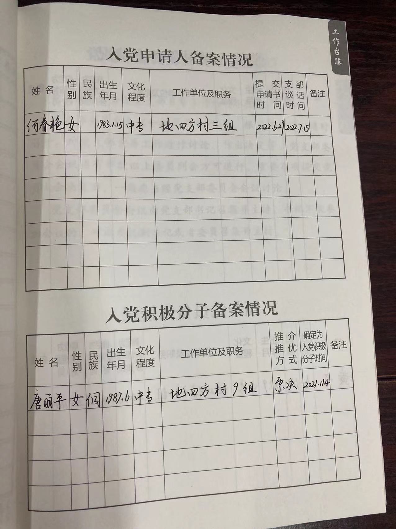地四方村入党申请人/入党积极分子/预备党员备案情况