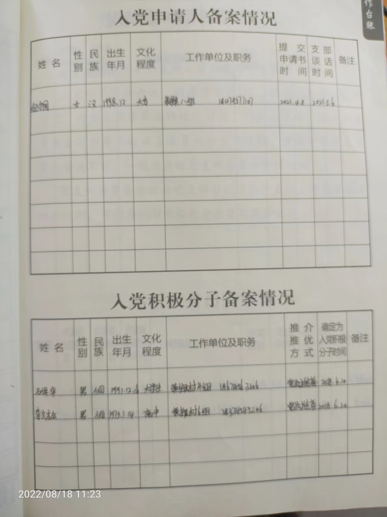 黄旗村入党申请/入党积极分子/预备党员 备案情况