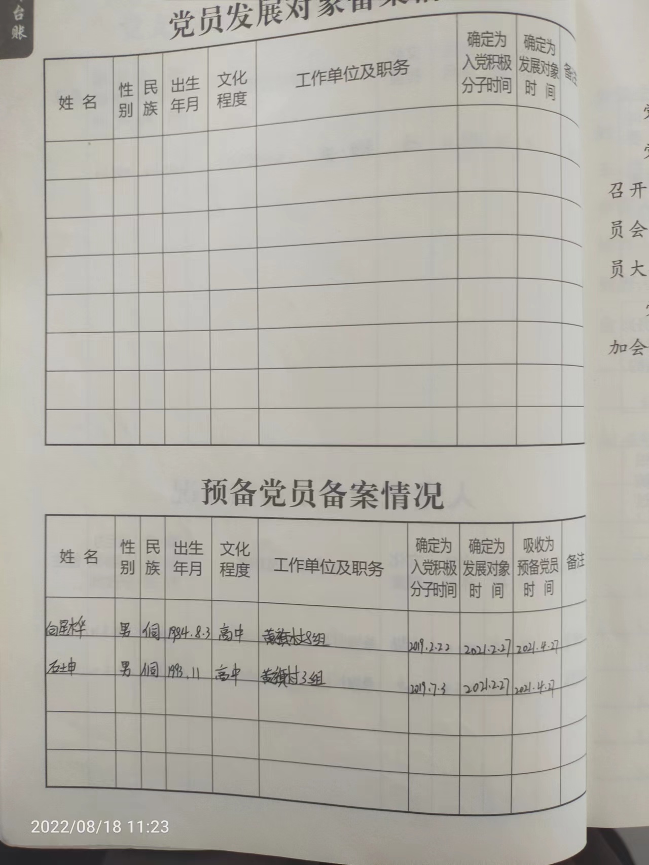 黄旗村入党申请/入党积极分子/预备党员 备案情况
